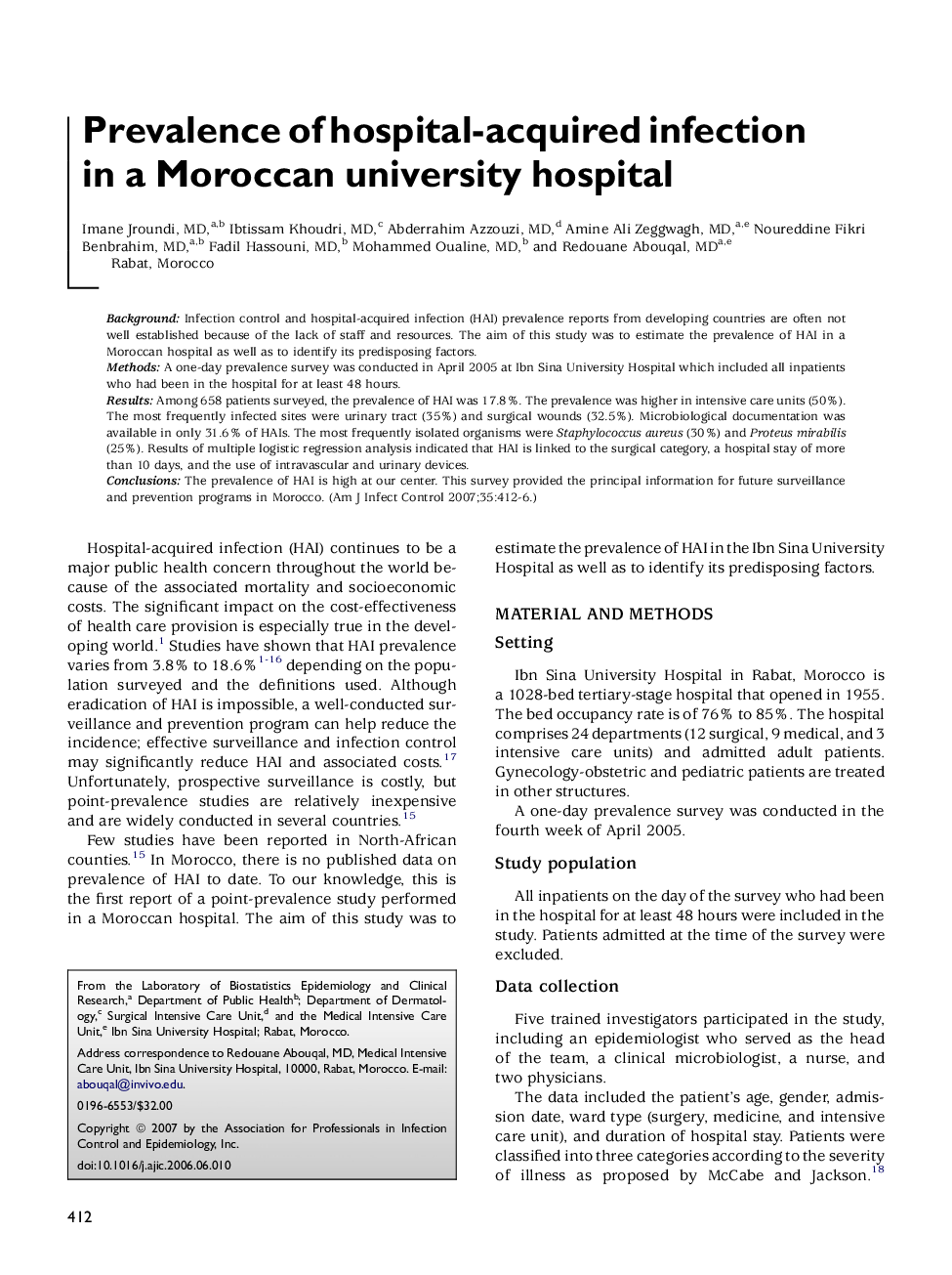 Prevalence of hospital-acquired infection in a Moroccan university hospital