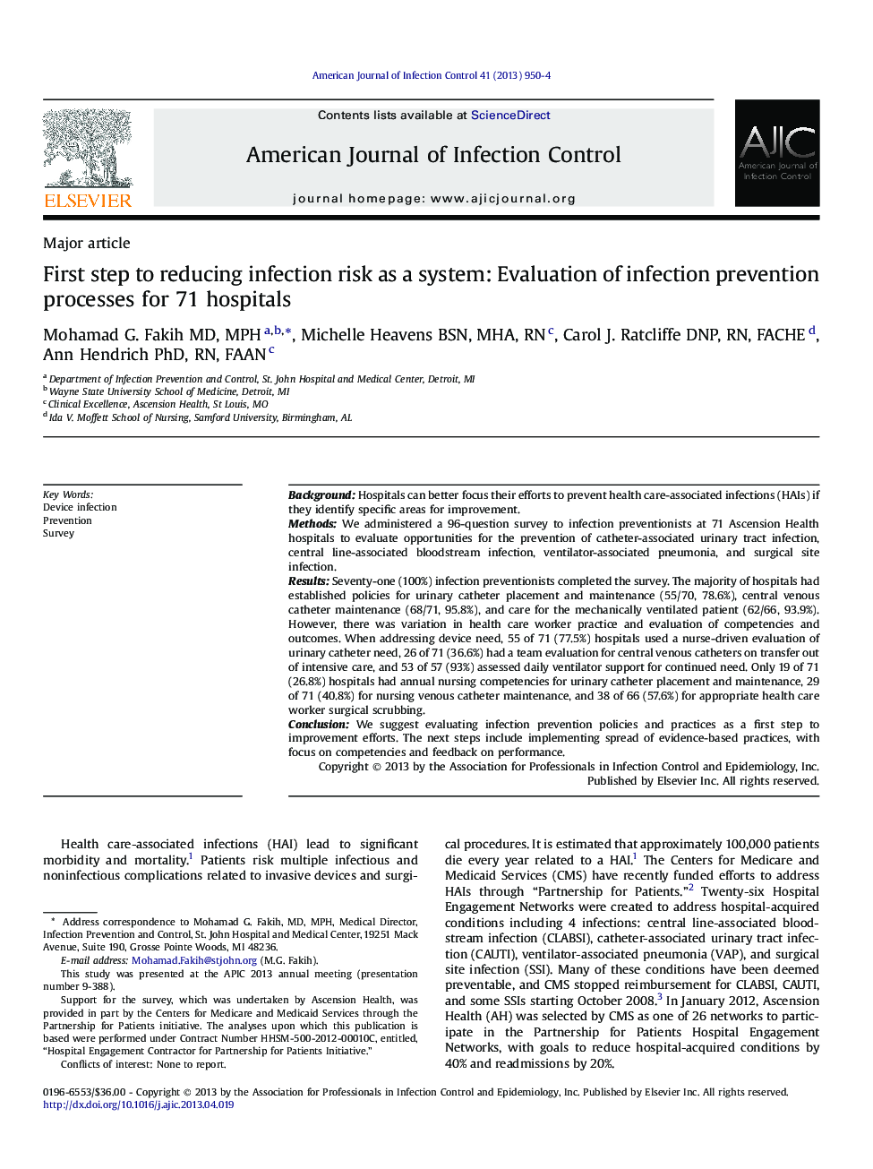 First step to reducing infection risk as a system: Evaluation of infection prevention processes for 71 hospitals 