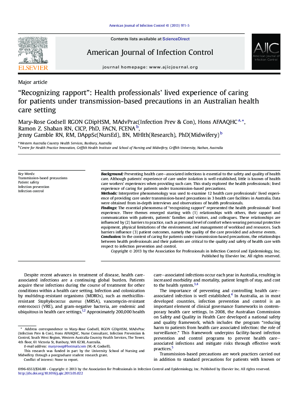 “Recognizing rapport”: Health professionals’ lived experience of caring for patients under transmission-based precautions in an Australian health care setting 