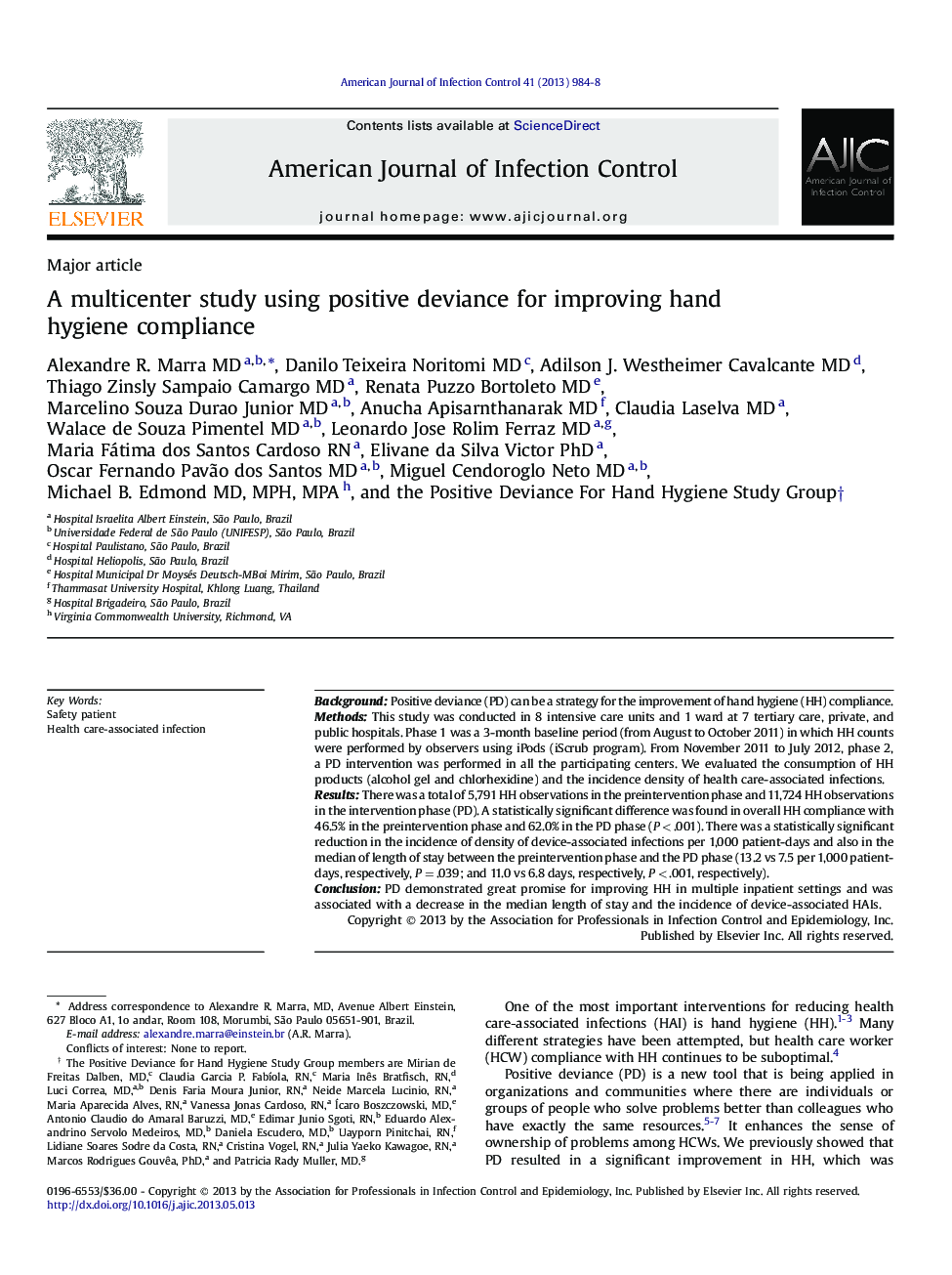 A multicenter study using positive deviance for improving hand hygiene compliance 