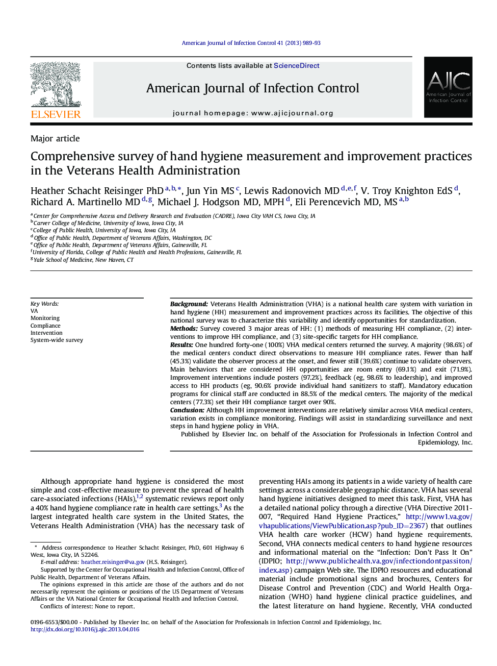 Comprehensive survey of hand hygiene measurement and improvement practices in the Veterans Health Administration 