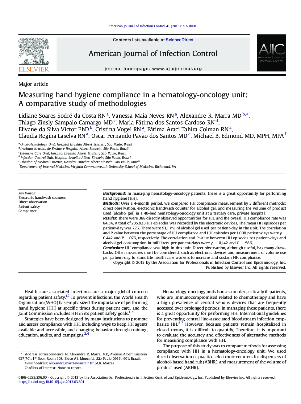 Measuring hand hygiene compliance in a hematology-oncology unit: A comparative study of methodologies 