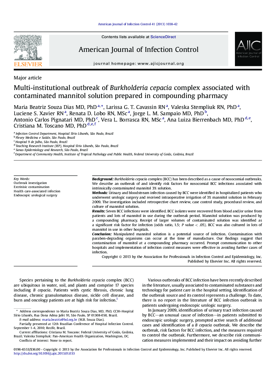 Multi-institutional outbreak of Burkholderia cepacia complex associated with contaminated mannitol solution prepared in compounding pharmacy 