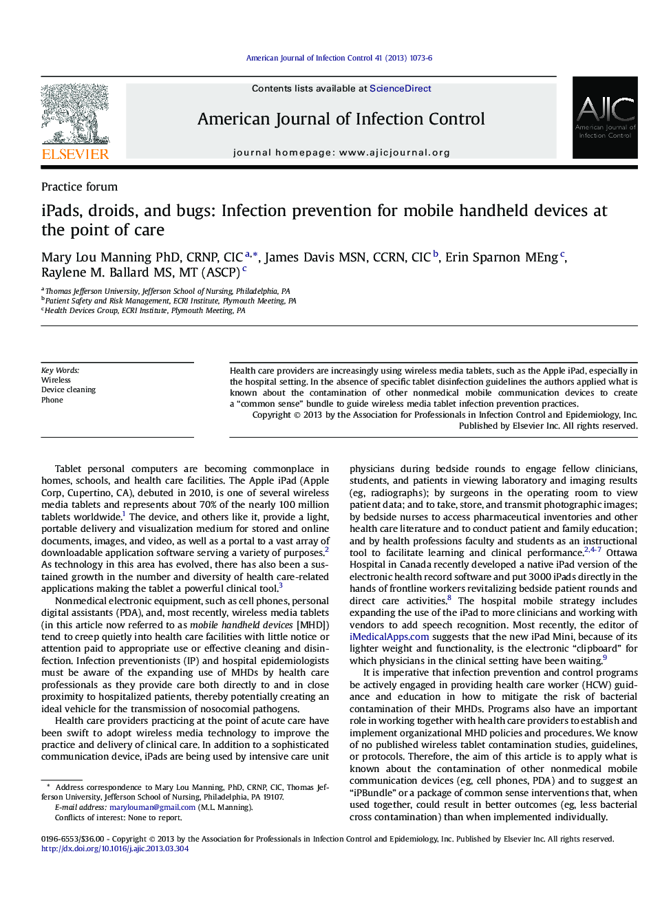 iPads, droids, and bugs: Infection prevention for mobile handheld devices at the point of care 