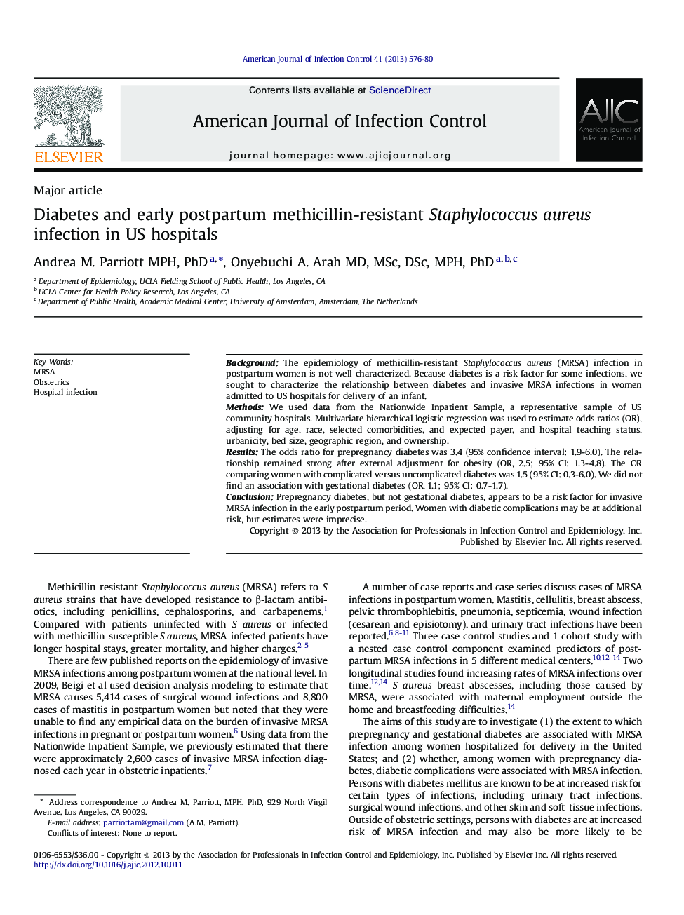 Diabetes and early postpartum methicillin-resistant Staphylococcus aureus infection in US hospitals