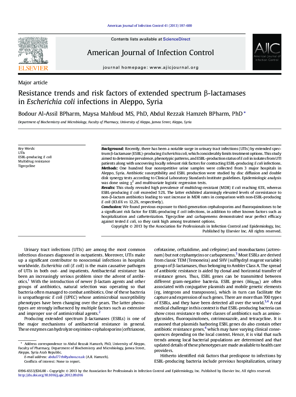 Resistance trends and risk factors of extended spectrum β-lactamases in Escherichia coli infections in Aleppo, Syria 