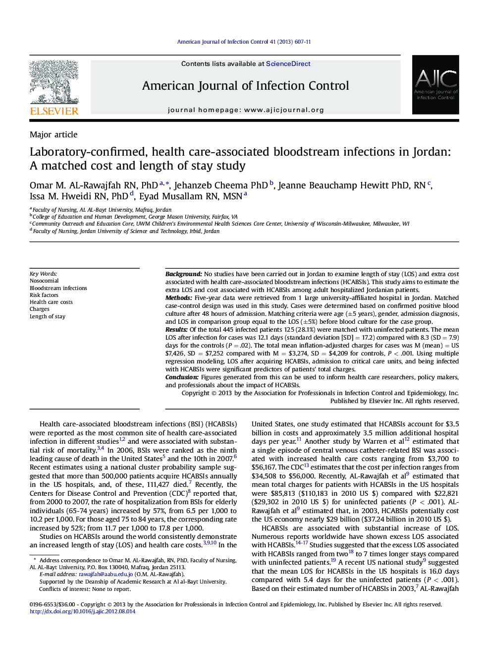 Laboratory-confirmed, health care-associated bloodstream infections in Jordan: A matched cost and length of stay study 