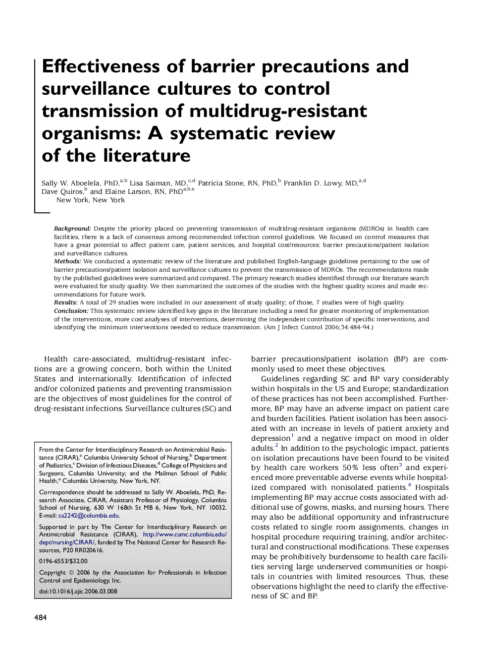 Effectiveness of barrier precautions and surveillance cultures to control transmission of multidrug-resistant organisms: A systematic review of the literature 