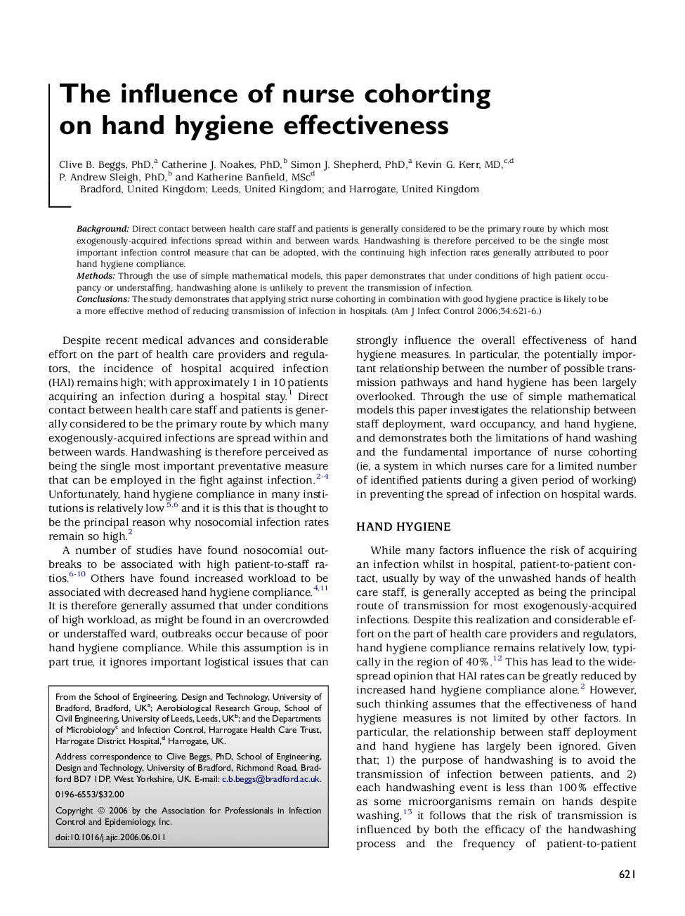 The influence of nurse cohorting on hand hygiene effectiveness