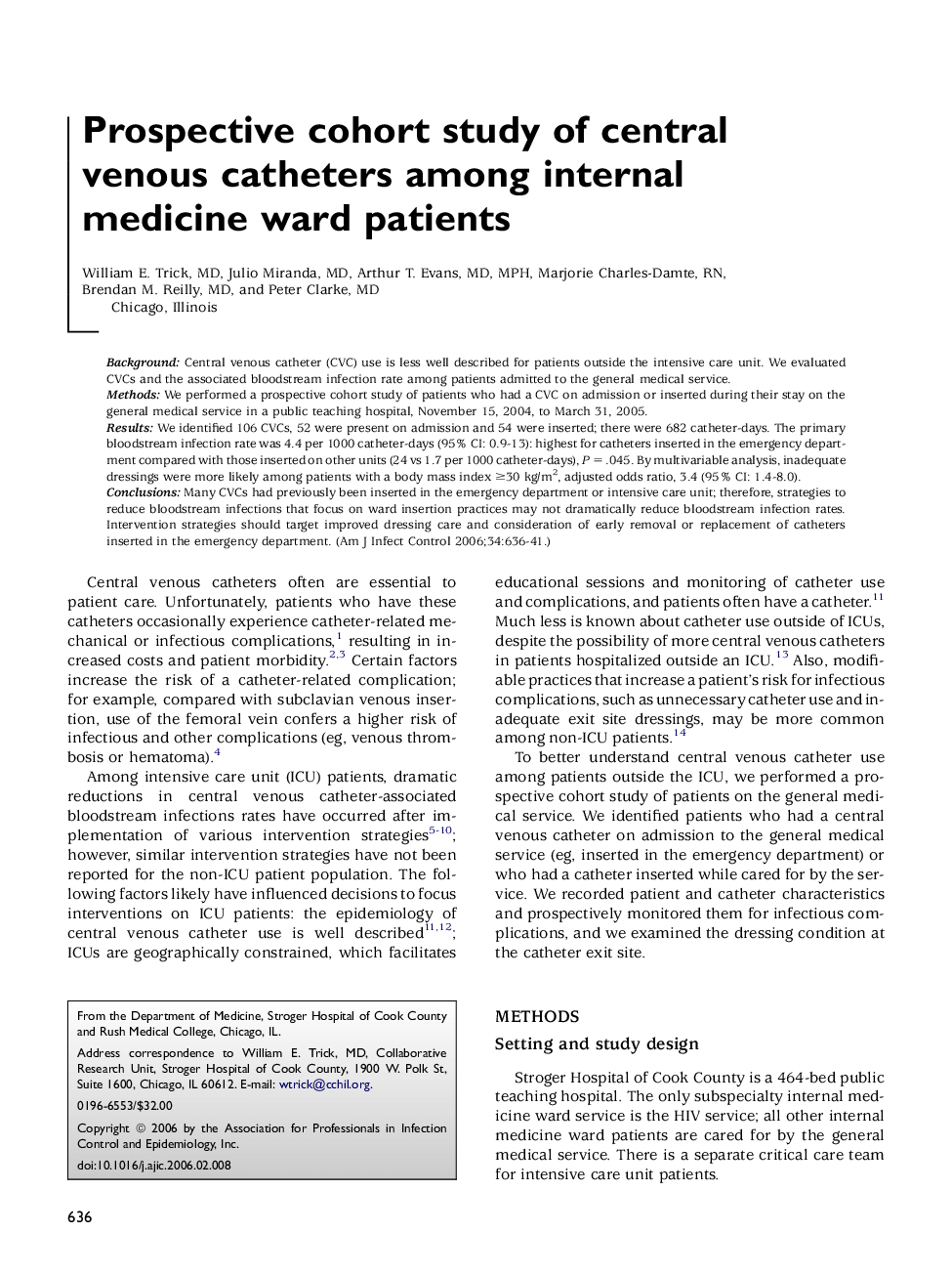 Prospective cohort study of central venous catheters among internal medicine ward patients