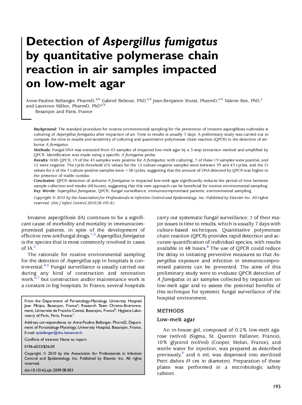 Detection of Aspergillus fumigatus by quantitative polymerase chain reaction in air samples impacted on low-melt agar 