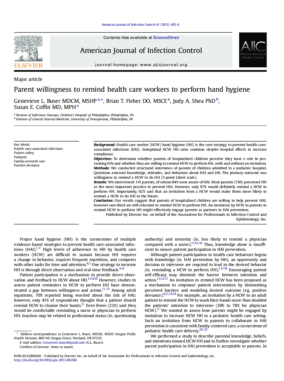 Parent willingness to remind health care workers to perform hand hygiene 