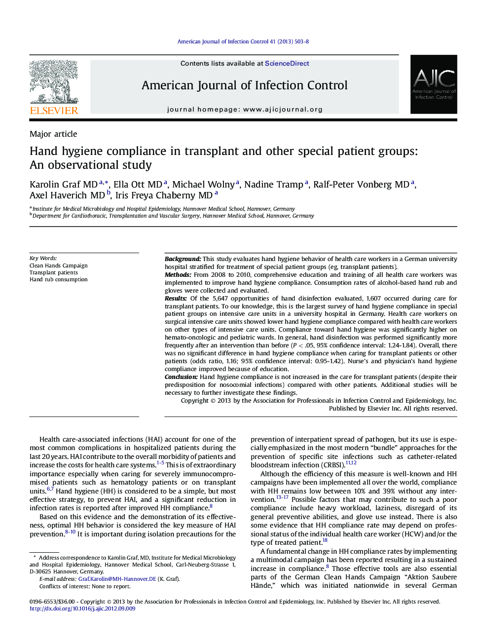 Hand hygiene compliance in transplant and other special patient groups: An observational study 