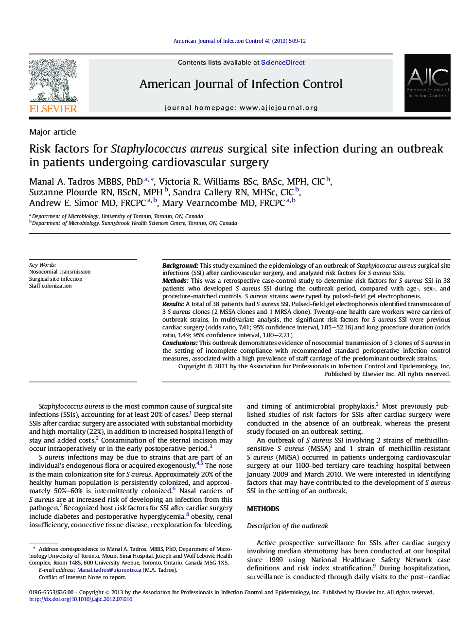 Risk factors for Staphylococcus aureus surgical site infection during an outbreak in patients undergoing cardiovascular surgery 