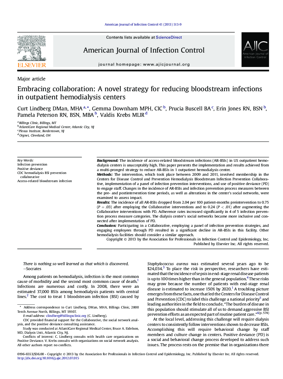 Embracing collaboration: A novel strategy for reducing bloodstream infections in outpatient hemodialysis centers 