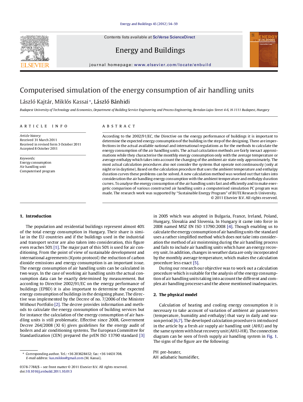 Computerised simulation of the energy consumption of air handling units