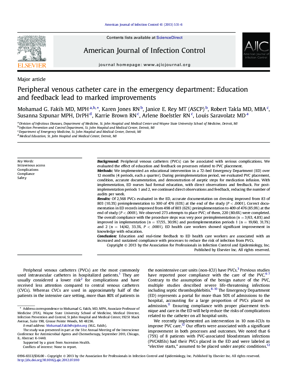 Peripheral venous catheter care in the emergency department: Education and feedback lead to marked improvements 