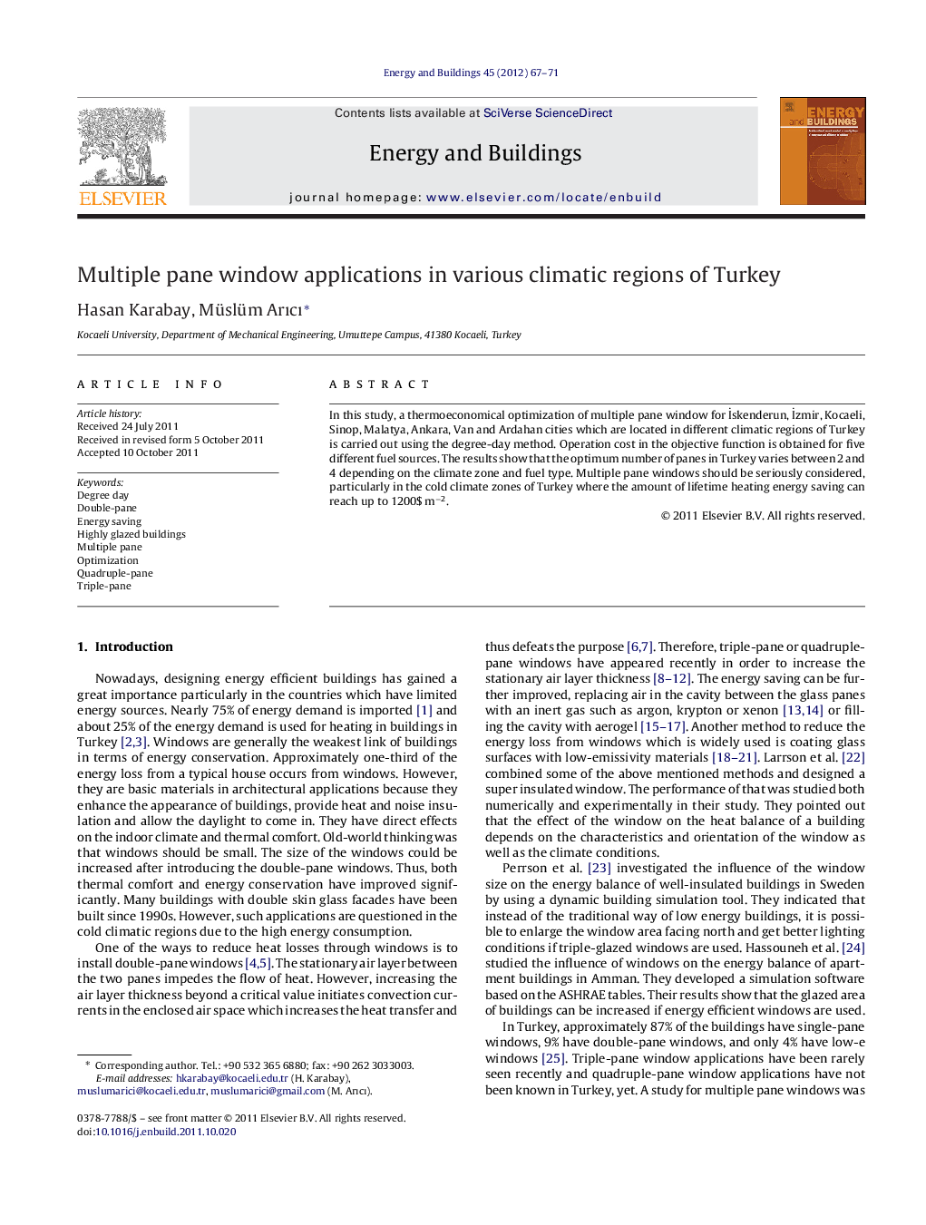 Multiple pane window applications in various climatic regions of Turkey