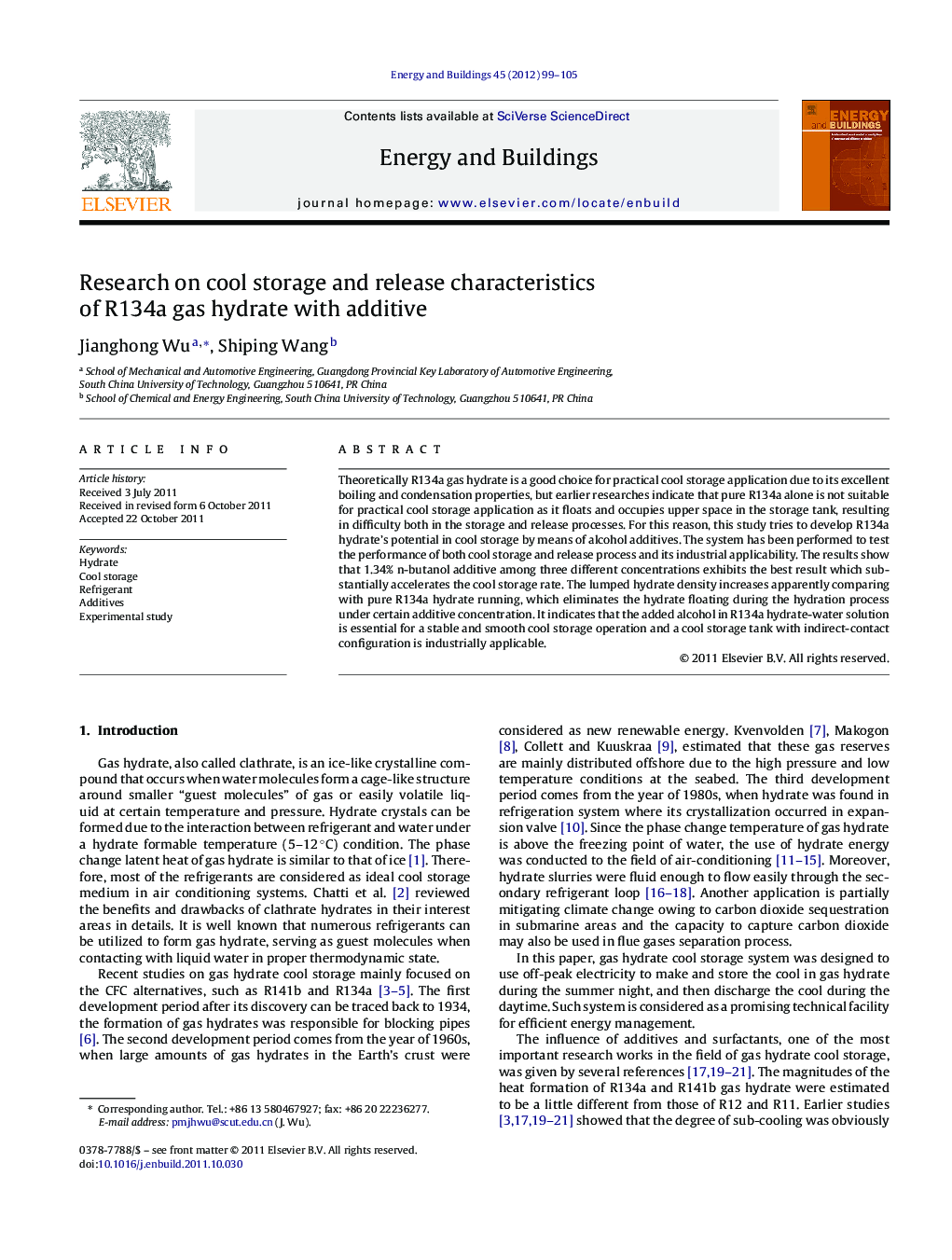 Research on cool storage and release characteristics of R134a gas hydrate with additive