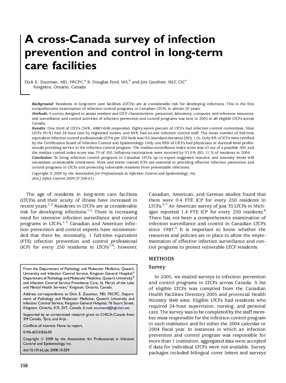 A cross-Canada survey of infection prevention and control in long-term care facilities 