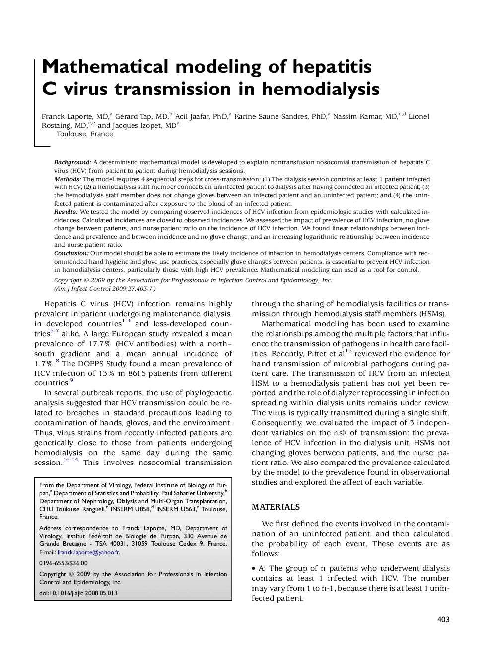 Mathematical modeling of hepatitis C virus transmission in hemodialysis