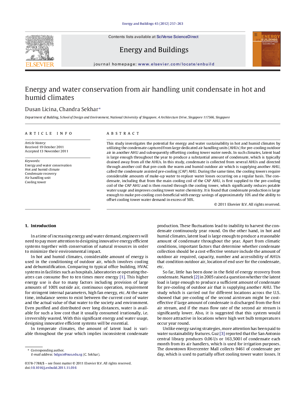 Energy and water conservation from air handling unit condensate in hot and humid climates