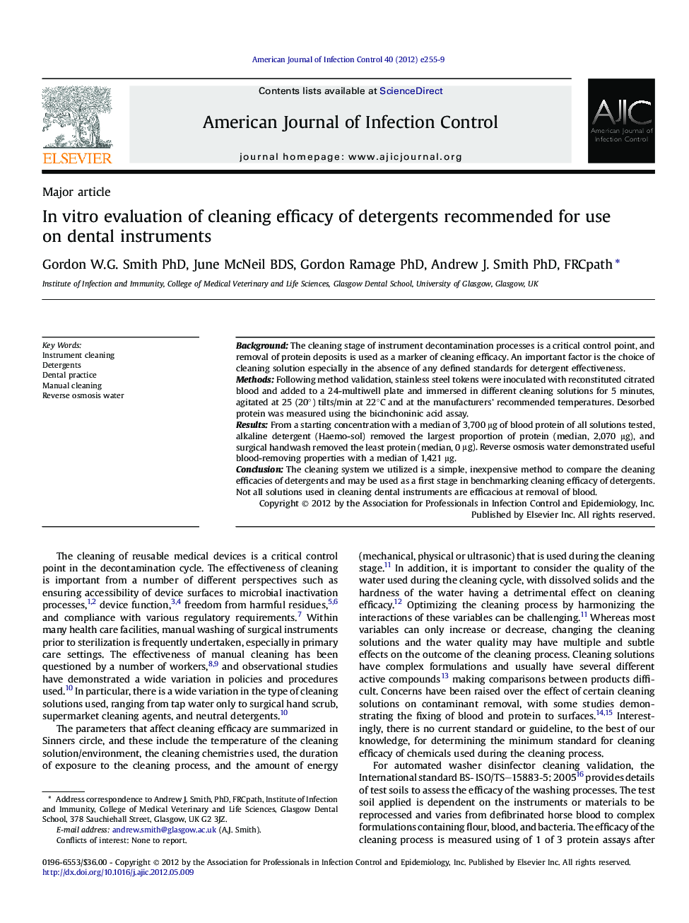 عکس صفحه اول مقاله: In vitro evaluation of cleaning efficacy of detergents recommended for use on dental instruments In vitro evaluation of cleaning efficacy of detergents recommended for use on dental instruments