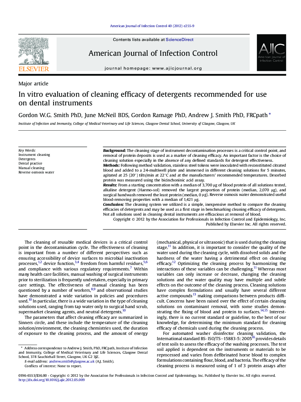 In vitro evaluation of cleaning efficacy of detergents recommended for use on dental instruments 