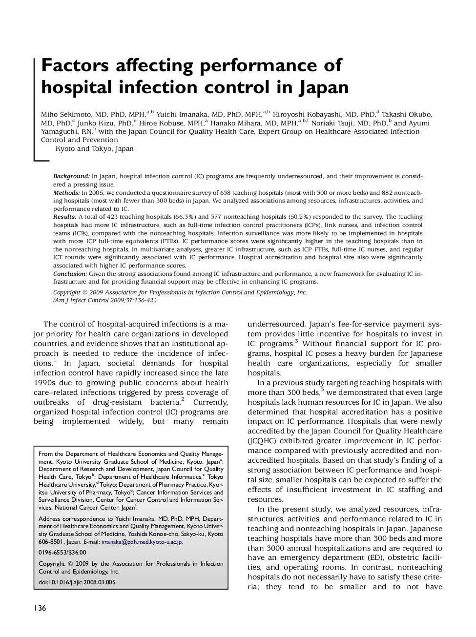 Factors affecting performance of hospital infection control in Japan