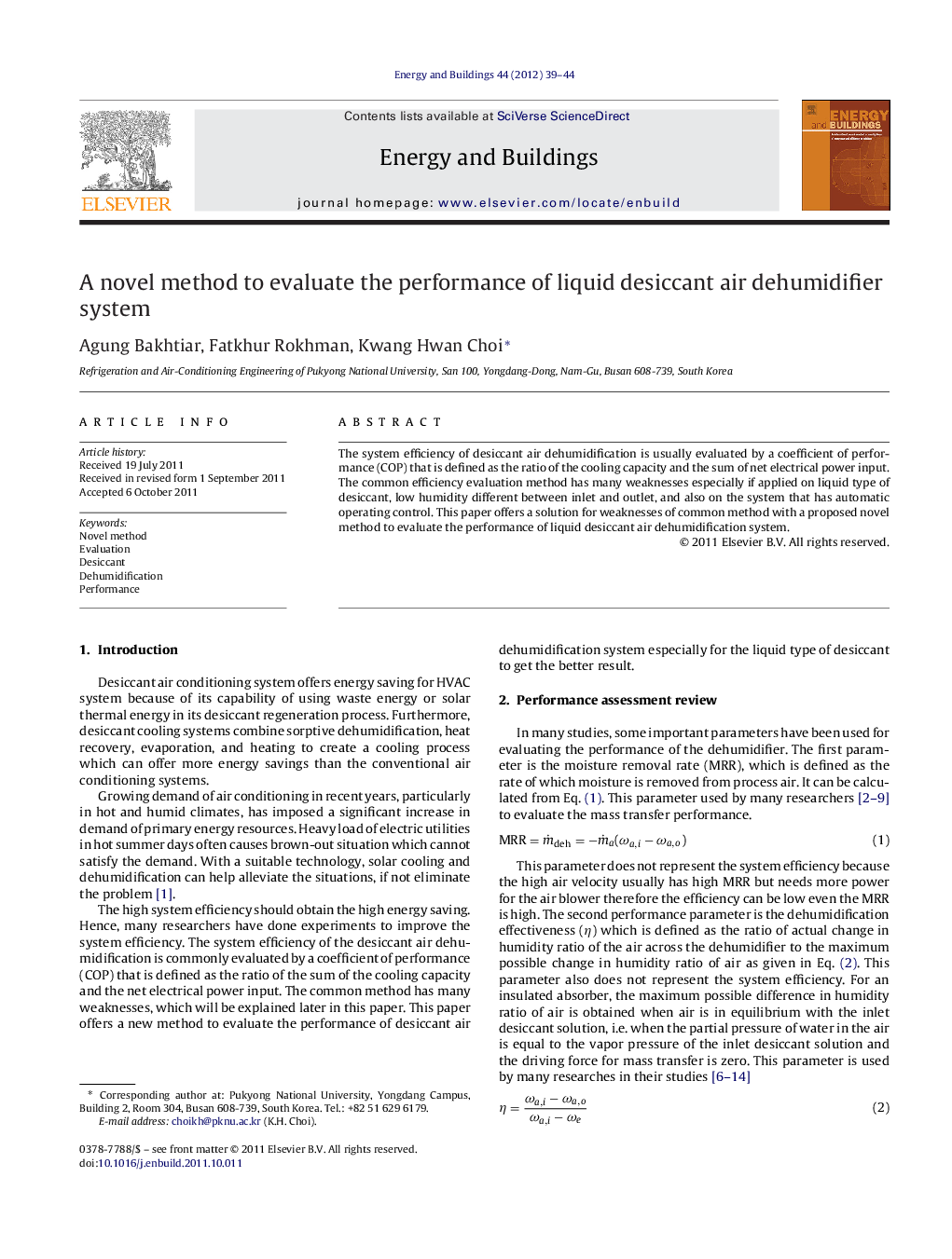 A novel method to evaluate the performance of liquid desiccant air dehumidifier system