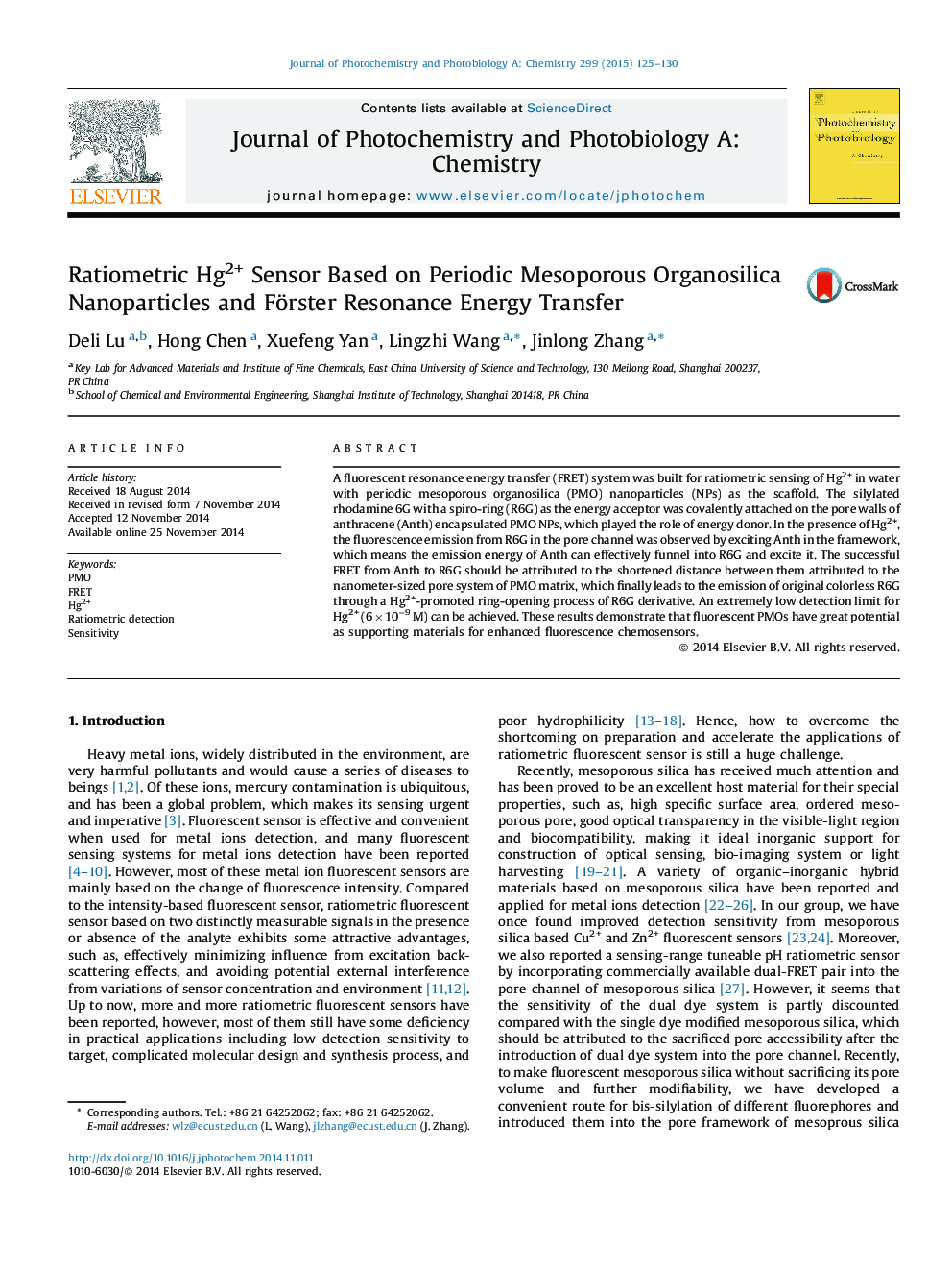 Ratiometric Hg2+ Sensor Based on Periodic Mesoporous Organosilica Nanoparticles and Förster Resonance Energy Transfer