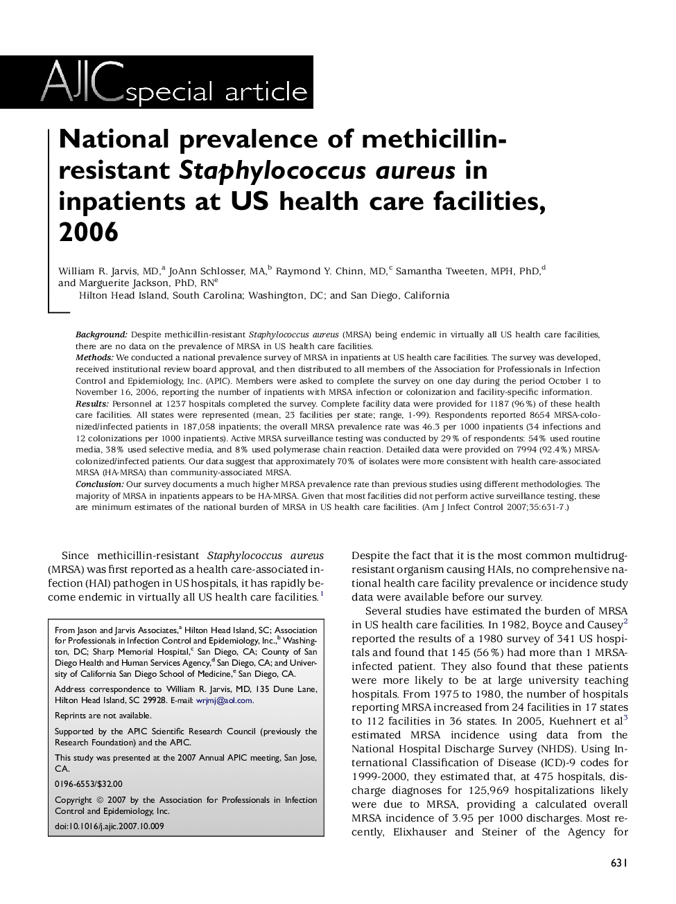 National prevalence of methicillin-resistant Staphylococcus aureus in inpatients at US health care facilities, 2006 