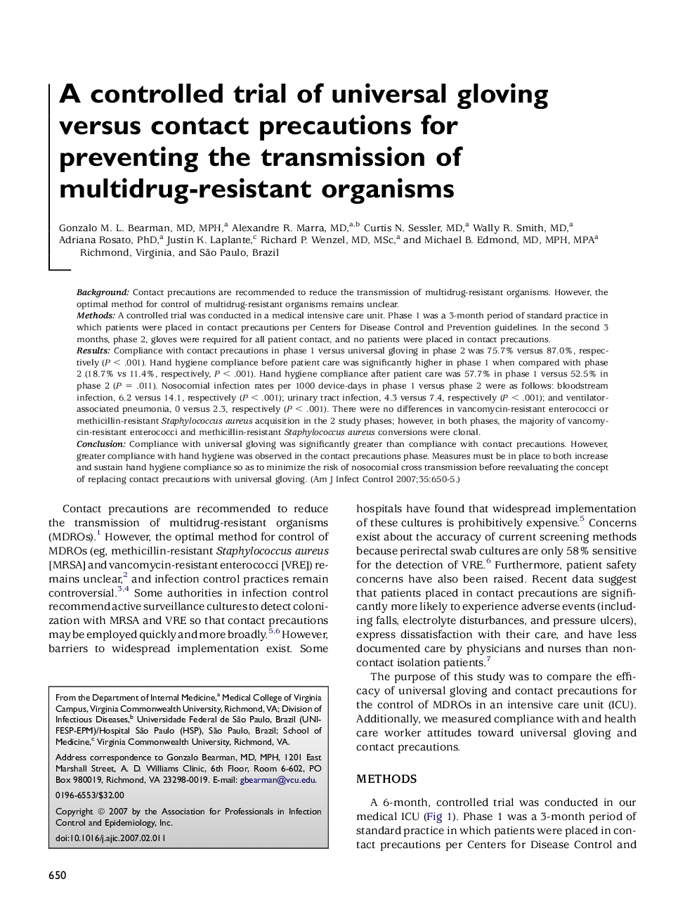 A controlled trial of universal gloving versus contact precautions for preventing the transmission of multidrug-resistant organisms
