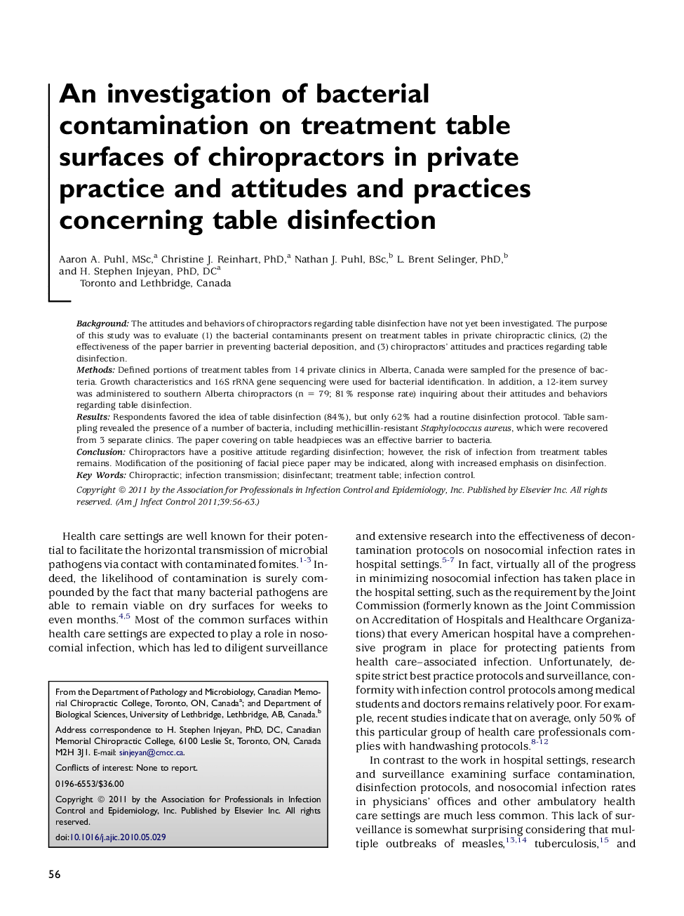 An investigation of bacterial contamination on treatment table surfaces of chiropractors in private practice and attitudes and practices concerning table disinfection 