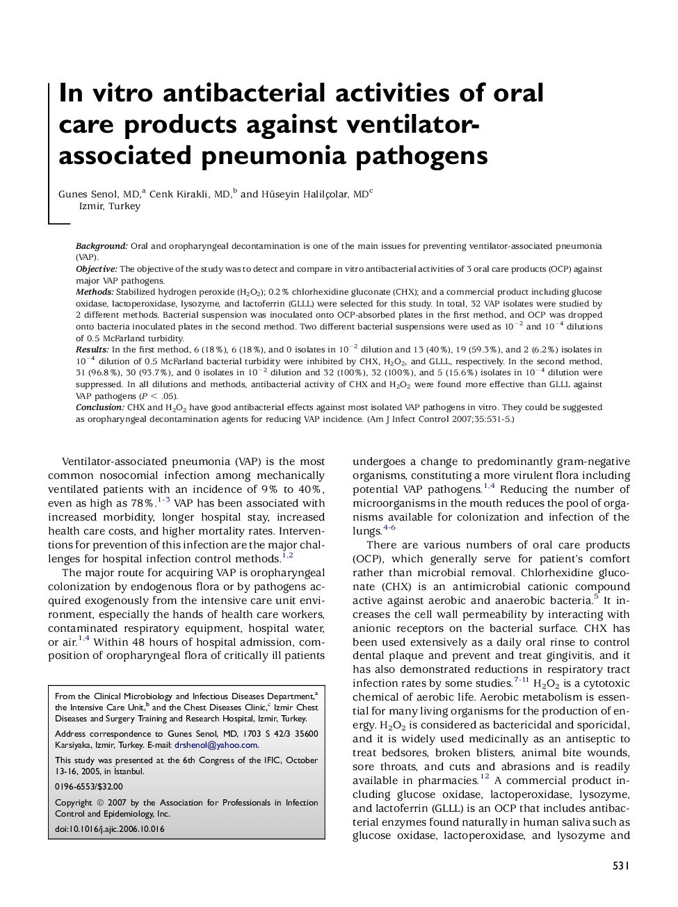 In vitro antibacterial activities of oral care products against ventilator-associated pneumonia pathogens 