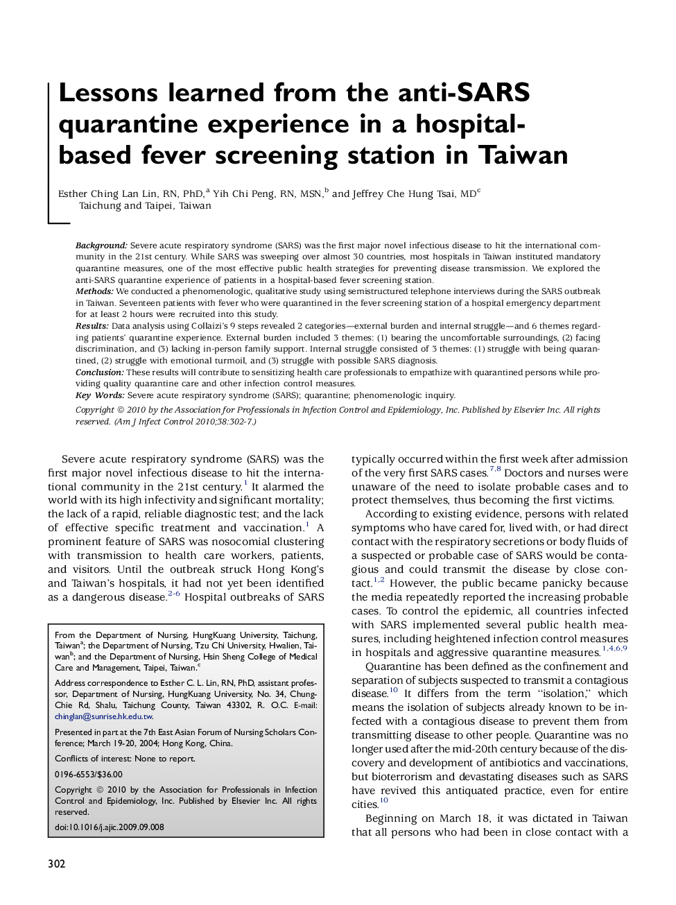Lessons learned from the anti-SARS quarantine experience in a hospital-based fever screening station in Taiwan 