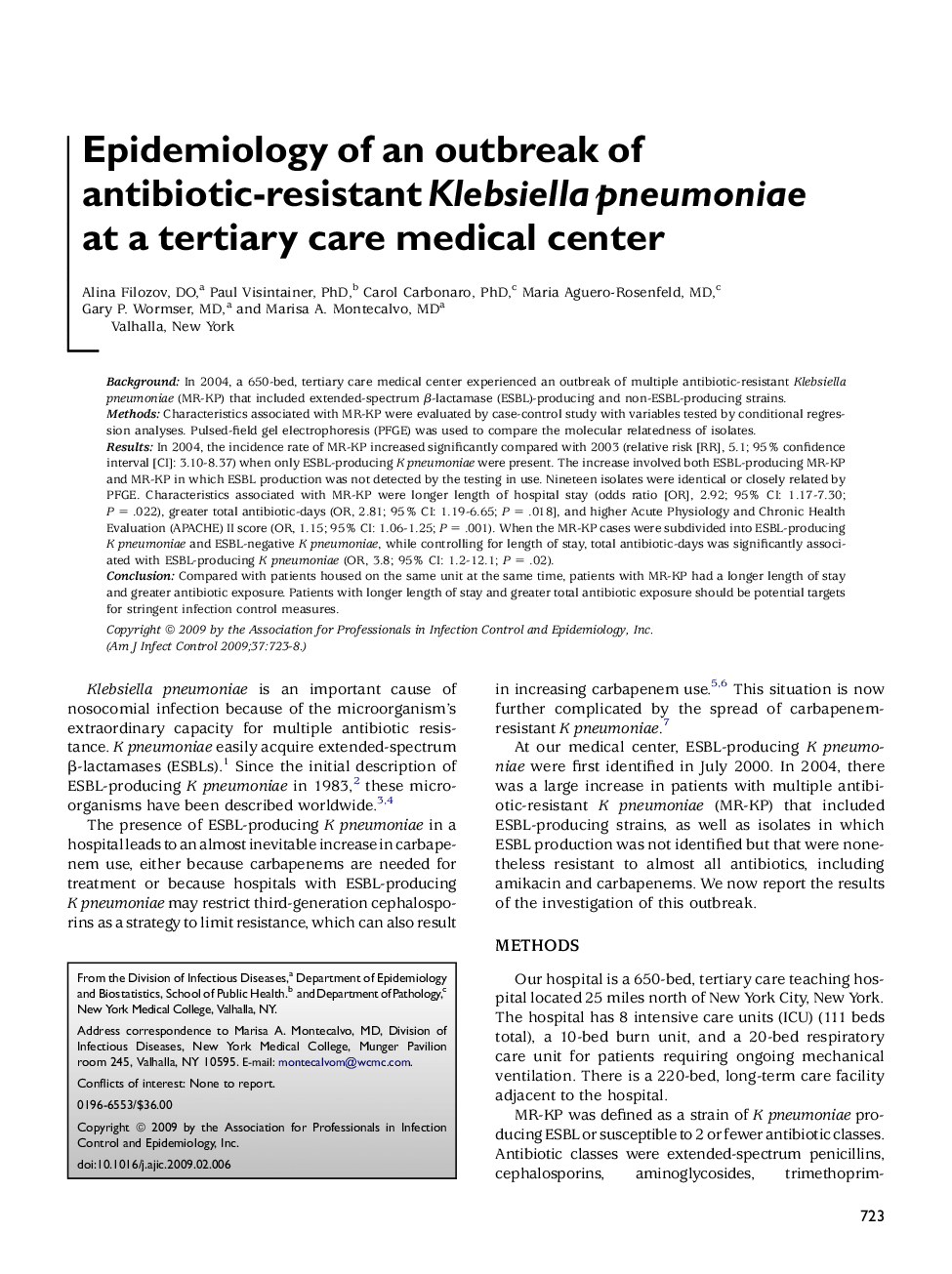 Epidemiology of an outbreak of antibiotic-resistant Klebsiella pneumoniae at a tertiary care medical center 
