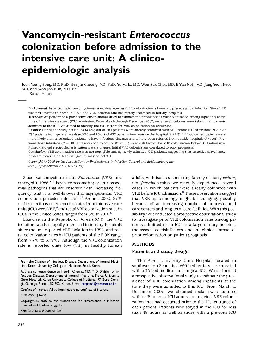Vancomycin-resistant Enterococcus colonization before admission to the intensive care unit: A clinico-epidemiologic analysis 