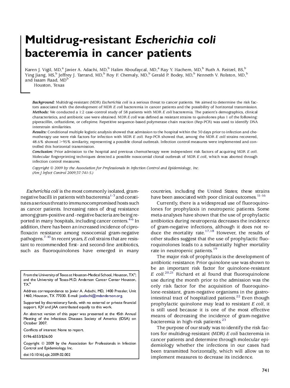 Multidrug-resistant Escherichia coli bacteremia in cancer patients 