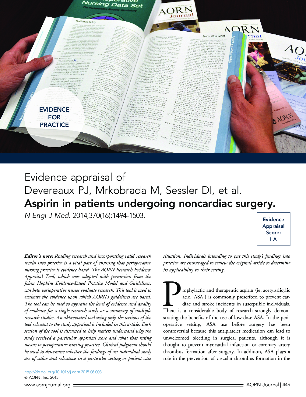 Evidence appraisal of Devereaux PJ, Mrkobrada M, Sessler DI, etÂ al. Aspirin in patients undergoing noncardiac surgery.