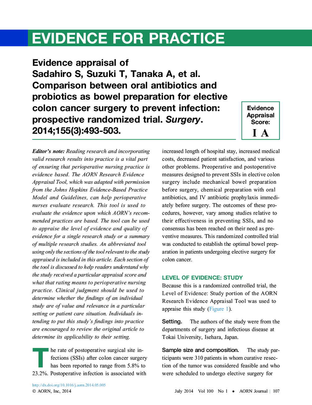 عکس صفحه اول مقاله: Evidence appraisal of Sadahiro S, Suzuki T, Tanaka A, et al. Comparison between oral antibiotics and probiotics as bowel preparation for elective colon cancer surgery to prevent infection: prospective randomized trial. Surgery. 2014;155(3):493-503. Evidence appraisal of Sadahiro S, Suzuki T, Tanaka A, et al. Comparison between oral antibiotics and probiotics as bowel preparation for elective colon cancer surgery to prevent infection: prospective randomized trial. Surgery. 2014;155(3):493-503.
