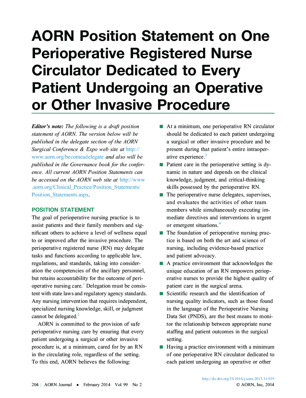 عکس صفحه اول مقاله: AORN Position Statement on One Perioperative Registered Nurse Circulator Dedicated to Every Patient Undergoing an Operative or Other Invasive Procedure AORN Position Statement on One Perioperative Registered Nurse Circulator Dedicated to Every Patient Undergoing an Operative or Other Invasive Procedure