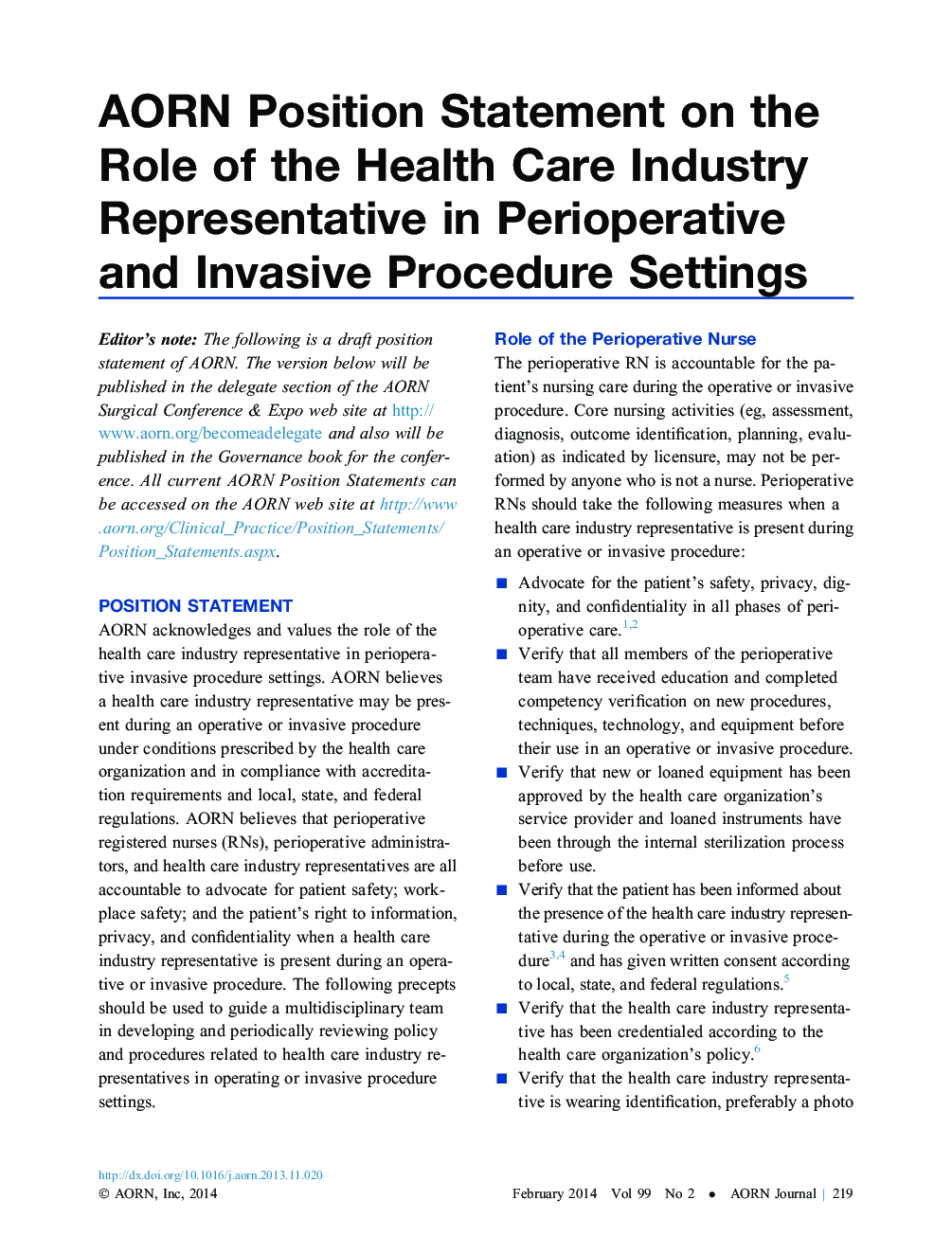عکس صفحه اول مقاله: AORN Position Statement on the Role of the Health Care Industry Representative in Perioperative and Invasive Procedure Settings AORN Position Statement on the Role of the Health Care Industry Representative in Perioperative and Invasive Procedure Settings