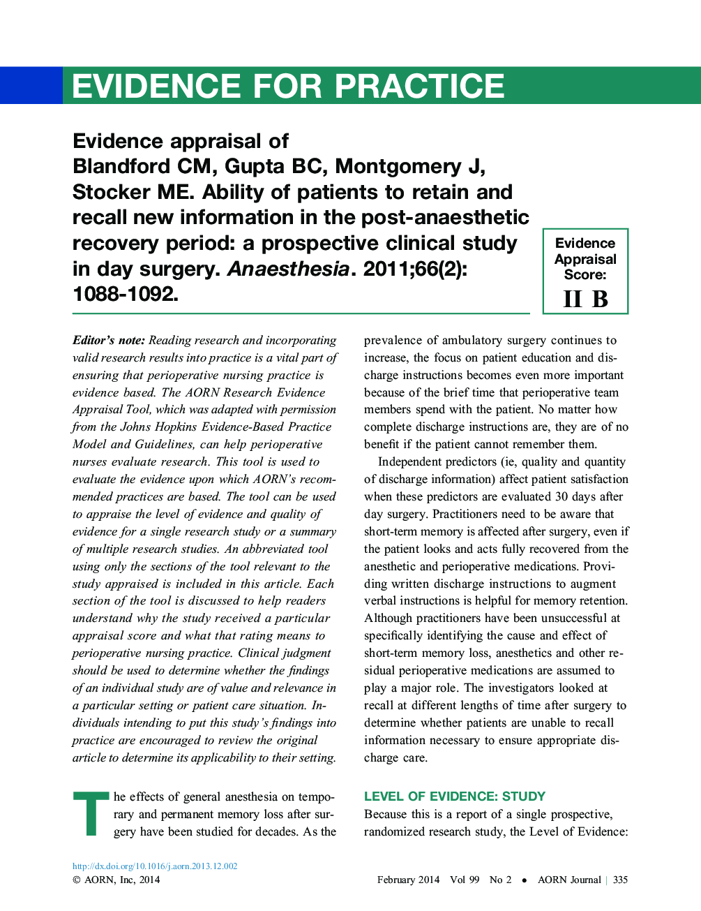 عکس صفحه اول مقاله: Evidence appraisal of Blandford CM, Gupta BC, Montgomery J, Stocker ME. Ability of patients to retain and recall new information in the post-anaesthetic recovery period: a prospective clinical study in day surgery. Anaesthesia. 2011;66(2):1088-1092. Evidence appraisal of Blandford CM, Gupta BC, Montgomery J, Stocker ME. Ability of patients to retain and recall new information in the post-anaesthetic recovery period: a prospective clinical study in day surgery. Anaesthesia. 2011;66(2):1088-1092.