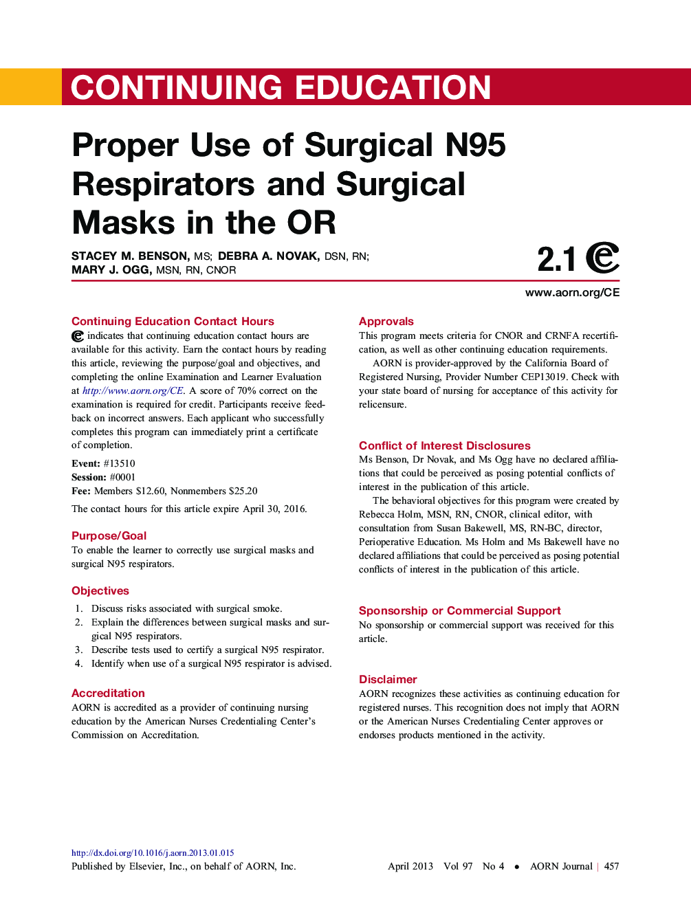 Proper Use of Surgical N95 Respirators and Surgical Masks in the OR