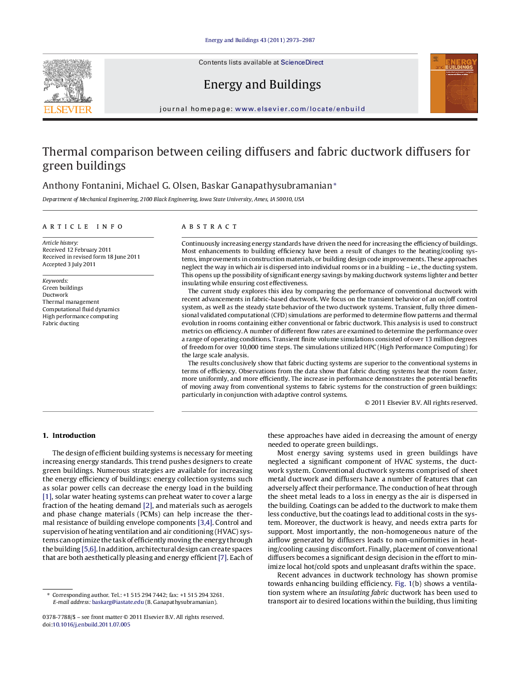 عکس صفحه اول مقاله: Thermal comparison between ceiling diffusers and fabric ductwork diffusers for green buildings Thermal comparison between ceiling diffusers and fabric ductwork diffusers for green buildings