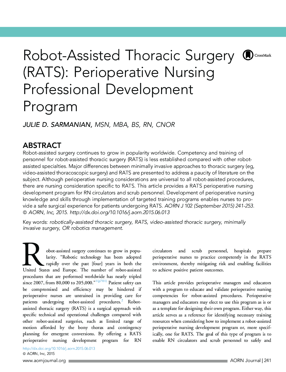 Robot-Assisted Thoracic Surgery (RATS): Perioperative Nursing Professional Development Program