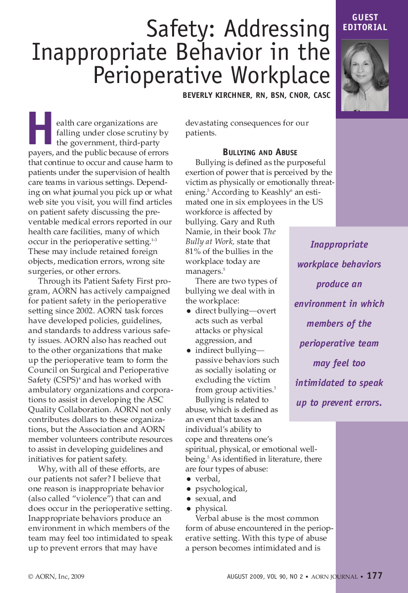 عکس صفحه اول مقاله: Safety: Addressing Inappropriate Behavior in the Perioperative Workplace Safety: Addressing Inappropriate Behavior in the Perioperative Workplace