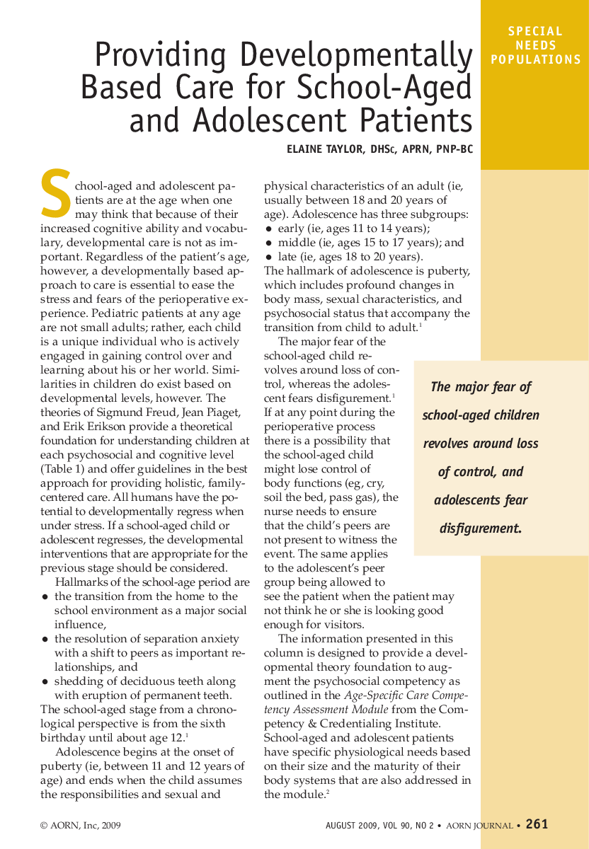 عکس صفحه اول مقاله: Providing Developmentally Based Care for School-Aged and Adolescent Patients Providing Developmentally Based Care for School-Aged and Adolescent Patients