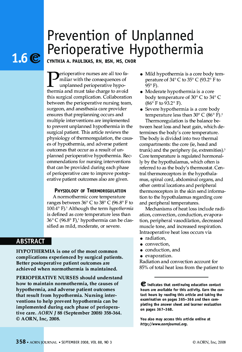 عکس صفحه اول مقاله: Prevention of Unplanned Perioperative Hypothermia Prevention of Unplanned Perioperative Hypothermia